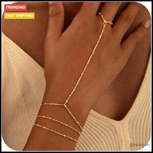 14K Gold Plated Hand Chain Bracelet Set Adjustable Dainty Body Jewelry